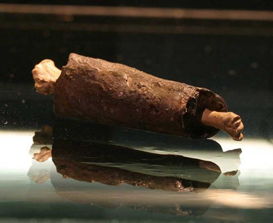 A curse tablet wrapped around a chicken bone.