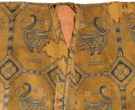 A detail from a silk samite shirt made by the nomadic Sogdian people of central Asia.