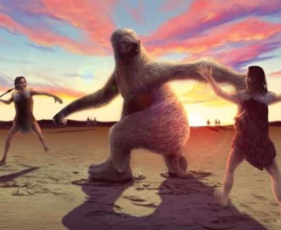 Artists impression of a giant sloth being confronted by human hunters. Credit: Alex McClelland, Bournemouth University