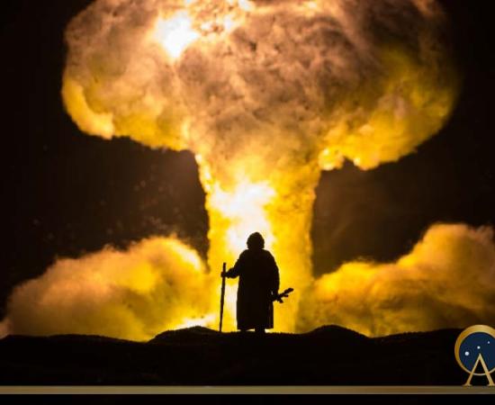 Nuclear war concept. Explosion of nuclear bomb. Creative artwork decoration in dark.