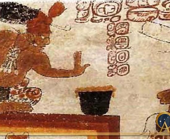 A Maya lord forbids an individual from touching a container of chocolate. (Public Domain)