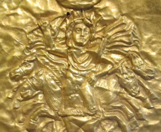 Section of a priestly gold crown with Helios driving a quadriga.