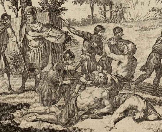 Detail of illustration showing Roman soldiers killing the Anglesey Druids, as described by Tacitus. Source: Public domain