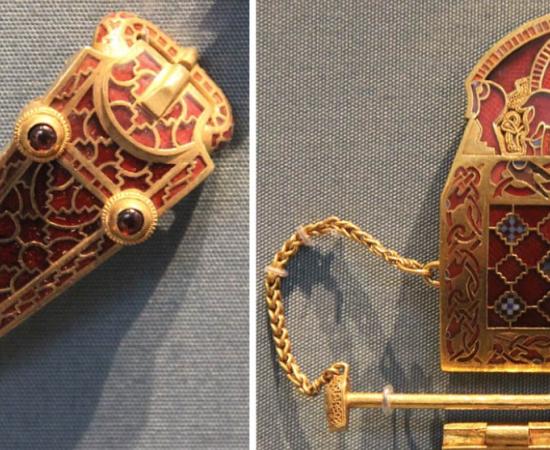 Top image: Left; Anglo-Saxon Sword Belt End Ornament, Right; Anglo-Saxon Shoulder Clasp, both from Sutton Hoo Burial, 625-630