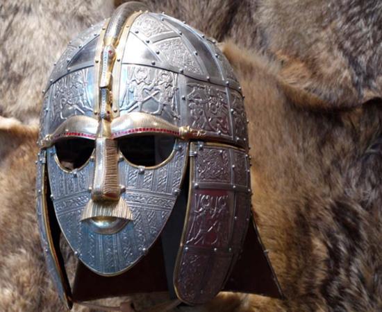 Anglo Saxon Helmet, Sutton Hoo, Suffolk. A reproduction of the helmet rebuilt from the fragments found in mound 1 in 1949. 