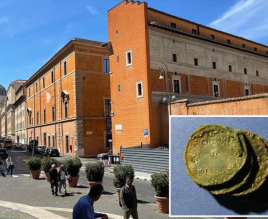 The Palazzo della Rovere in Rome, with the dome of St Peter's Basilica visible in the background, with inset a set of the Anglo-Saxon coins