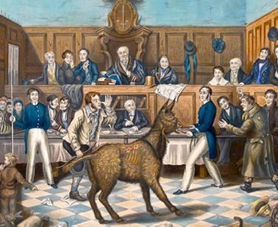 The animal trials were common in the Middle Ages. (The Trail of Bill Burns by P. Mathews, 1838)  Source: דוג'רית / Public Domain