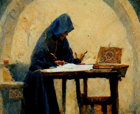 Pastel style drawing of Anna Komnene writing the Alexiad in the monastery of the Virgin Mary Full of Grace.	Source: Midjourney AI / Public Domain