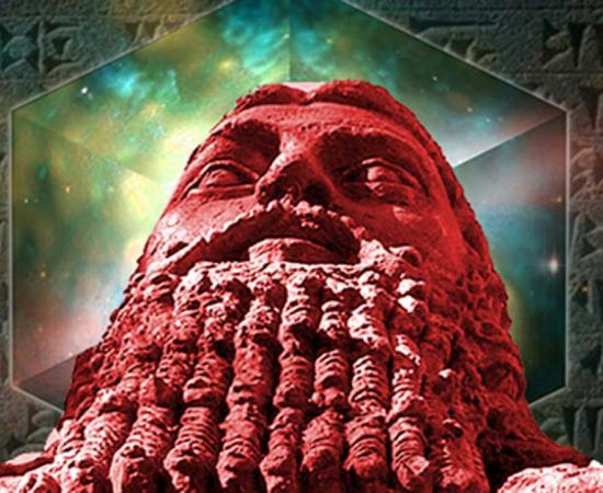 Ordered universe and cuneiform (Public Domain) and statue of Gilgamesh.