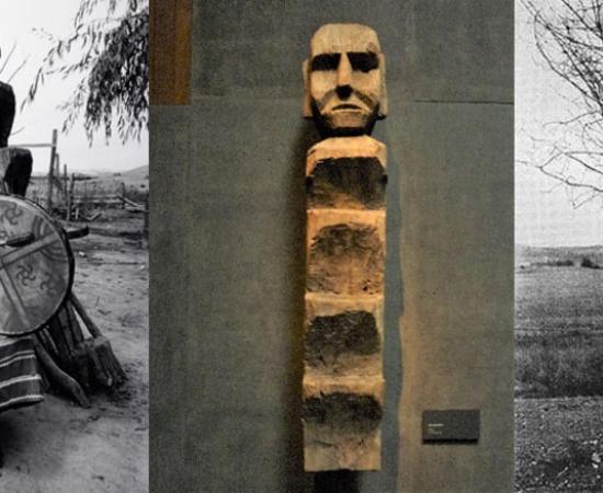 Left: Machi playing the Kultrún. Behind her it can be seen the inclination of the staggered Rehue . Center: A Rehue in the exhibition of the Museo Chileno de Arte Precolombino. Right: A Rehue as a symbolic figuration of the Tree-Man.			Source: Martin Thomas / Photographic Archive of the Museo Chileno de Arte Precolombino; Photo by the author: Rafael Videla Eissmann, 2017; Author provided