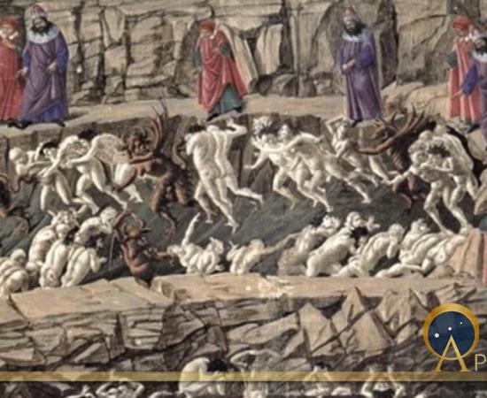 La Divina Comedia, Inferno XVIII by Sandro Botticelli ( 1481-88) Kupferstichkabinett, Berlin (Public Domain)