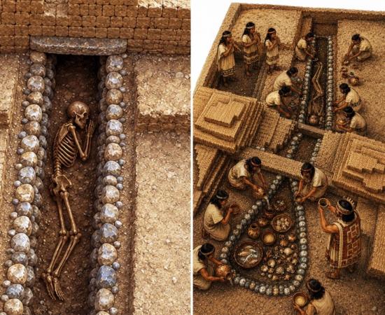 Archaeological reconstruction of the ceremonial complex at Huaca Pucllana showing the position of the possible human offering within the stone-lined canal.