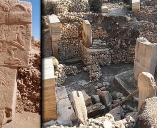 [Left], Photo of the Vulture Stone of Göbekli Tepe. (Alistair Coombs). [Right], Archaeological site of Göbekli Tepe in Turkey.
