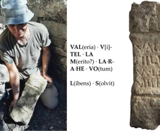 Archaeologist holding votive altar and (right) Latin inscriptions on votive altar.	Source: Juantxo Agirre / Aranzadi