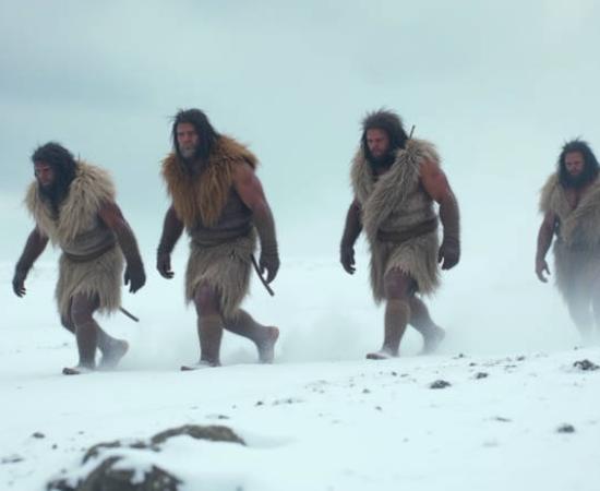 Early humans walking in Ice Age conditions in prehistoric Britain.
