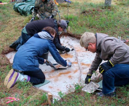 Archaeologists excavating at the site in Tainiaro forest, Finland.	Source: Aki Hakonen/Antiquity Publications Ltd