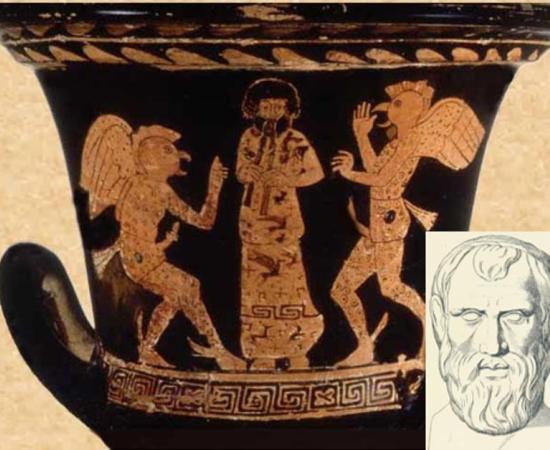 A vase depicting a scene from Aristophanes’ play ‘The Birds.