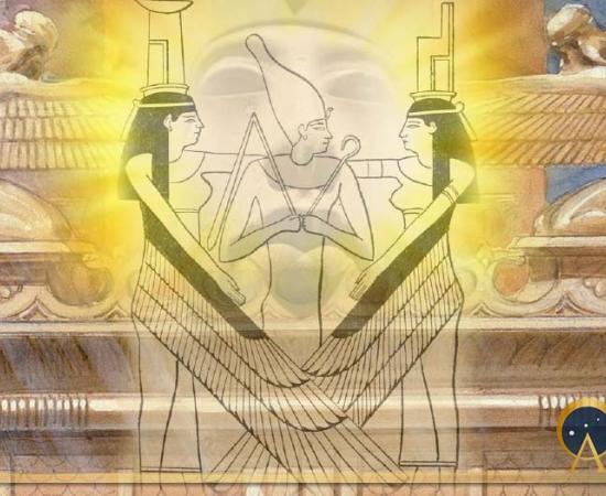 Composite image of Osiris and his protective sisters Isis and Nephthys, overlain by Akhenaten’s face, all overlying the Ark and the winged cherubim, from Moses and Joshua Bowing before the Ark, gouache on board, by James Tissot, 1896-1902. Now in    the Jewish Museum, New York. Author created.