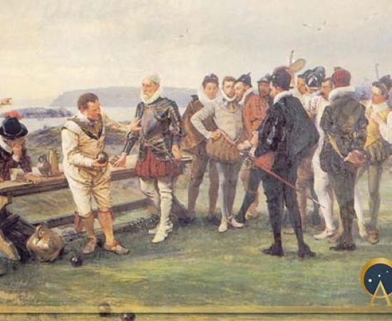 The scene on the Plymouth Hoe when captains play bowls as the Spanish Armada comes into view by John Seymour Lucas (1880) (Public Domain)