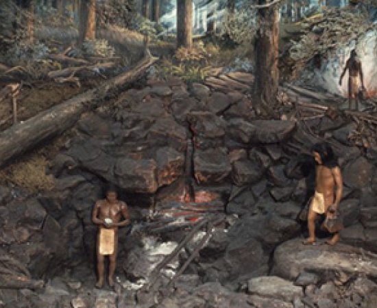 Artist's reconstruction of prehistoric native copper mining (Old Copper Culture)