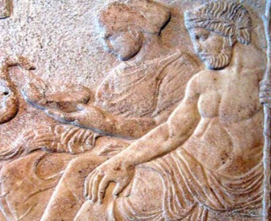 Marble relief of Asclepius and his daughter Hygieia. From Therme, Greece, end of the 5th century BC. Istanbul Archaeological Museums.                    Source:  Prioryman/CC BY-SA 3.0