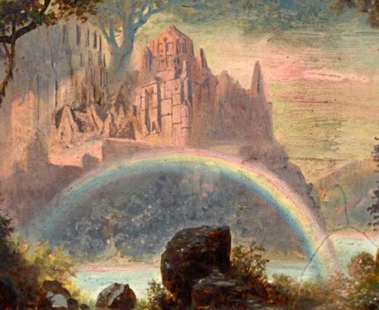 Depiction of Valhalla, where Odin held court at Asgard, from the 1878 staging by Hermann Burghart of Das Rheingold by Richard Wagner. (Public domain)