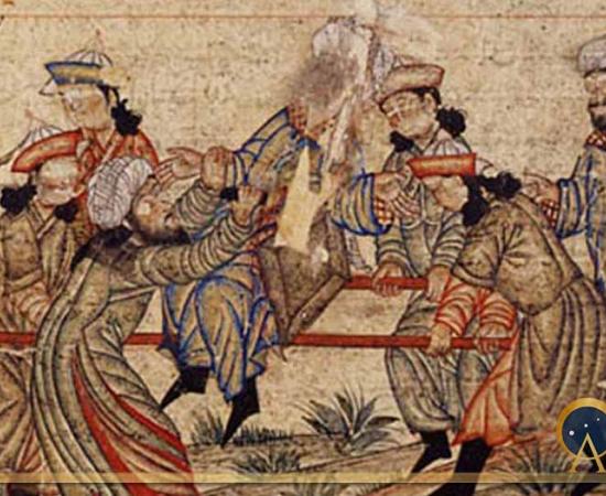 An agent of the Assassins (left, in white turban) fatally stabs Nizam al-Mulk, a Seljuk vizier, in 1092 AD. (14th-century AD manuscript) Topkapi Palace Museum, Istanbul (Public Domain)