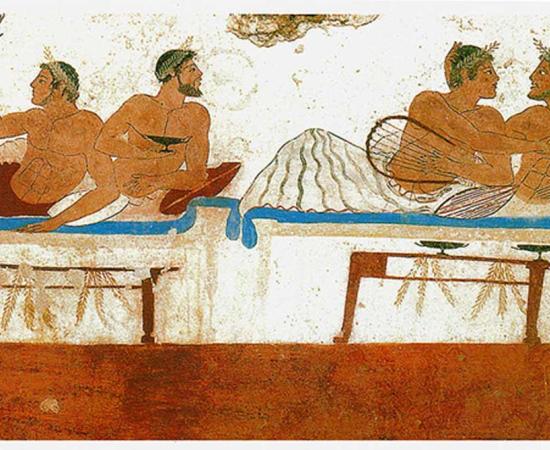 Detail of a Fresco from the North wall of the Tomb of the Diver in Paestum, Italy depicting Pederastic couples at a symposium.