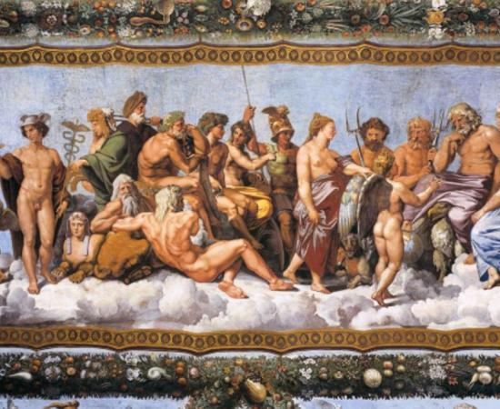 Assembly of twenty gods, predominantly the Twelve Olympians, as they receive Psyche (Loggia di Psiche, 1518–19, by Raphael and his school, at the Villa Farnesina). 