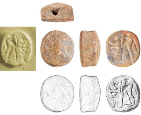 The Assyro-Levantine limestone stamp seal discovered at Tel Yavne, shown with photographs, seal impression, archaeological drawings, and cross-sections