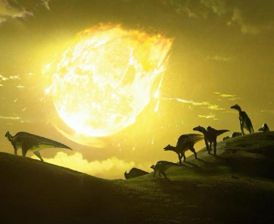 Original artwork depicting the moment of the asteroid strike in present-day Mexico. 	Image: Chase Stone / Nature Communications