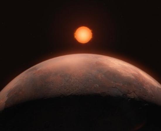 This artist’s impression shows Barnard b, a sub-Earth-mass planet that was discovered orbiting Barnard’s star. 