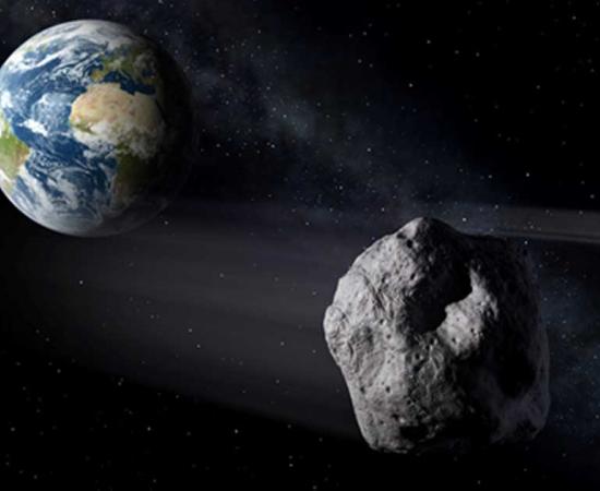 An illustration of a near-Earth object, or NEO, passing by Earth.