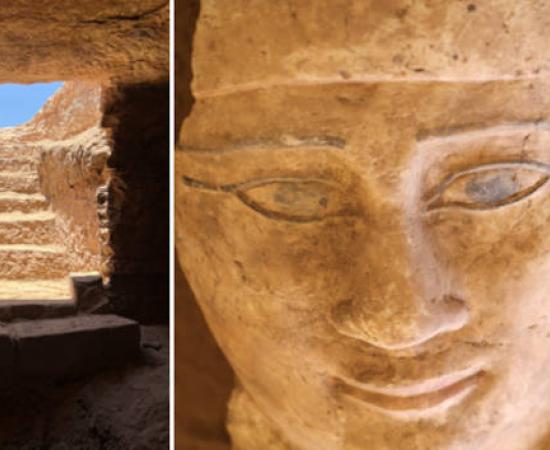 Left, the entrance to Tomb No. 38 near the Aga Khan Mausoleum. Right; The remarkably preserved limestone sarcophagus of Ka-Mesiu