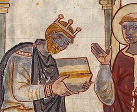 Athelstan presenting a book to St Cuthbert, an illustration in a manuscript of Bede's Life of Saint Cuthbert, probably presented to the saint's shrine in Chester-le-Street by Athelstan when he visited the shrine on his journey to Scotland in 934. It is the oldest surviving portrait of an English king and the manuscript is the oldest surviving made for an English king, circa 930 AD. Source: Public Domain