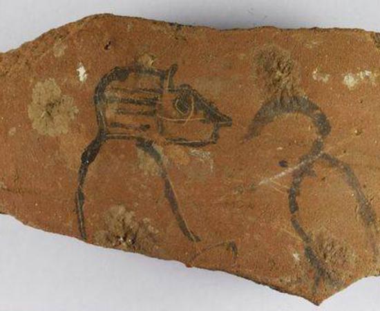 Pictorial ostracon with a baboon and an ibis, the two sacred animals of Thoth, the god of wisdom, one of 18,000 pottery fragments unearthed at the ancient northern Egyptian city of Athribis.		Source: Eberhard Karls University of Tübingen