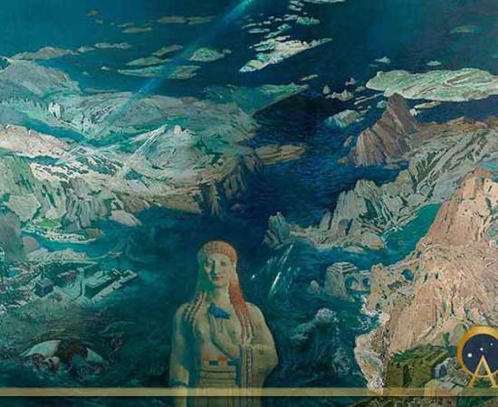 Terror Antiquus depicting the destruction of Atlantis, Lion Gate of Mycenae, Tiryns and Acropolis of Athens, with Kore presiding over to symbolize chaos and inevitability of human force by Leon Bakst (1908) Russian Museum (Public Domain)