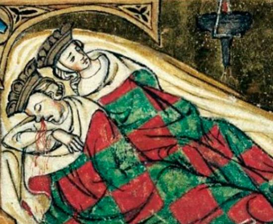 The Death of King Attila the Hun in 453 from an illuminated manuscript within the Saxon World Chronicle (close up). Source: Public domain