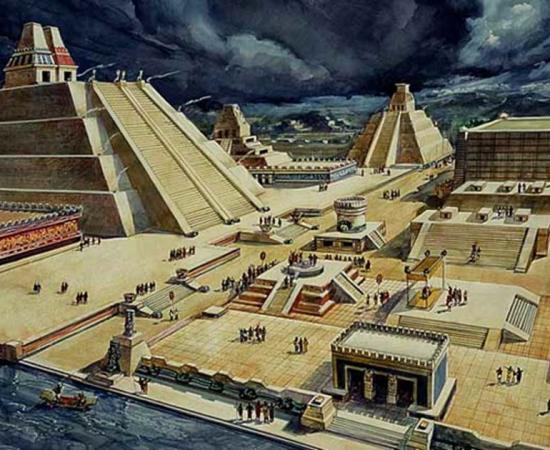 Drawing of what part of Tenochtitlan city (now Mexico City), location of the temple and ball court, may have looked like, based on the Spanish chronicles.