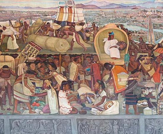 Aztec daily life seen in the Mural of the Aztec market of Tlatelolco by Diego Rivera. Palacio Nacional, Mexico City. Source: Diego Rivera/CC BY-SA 3.0