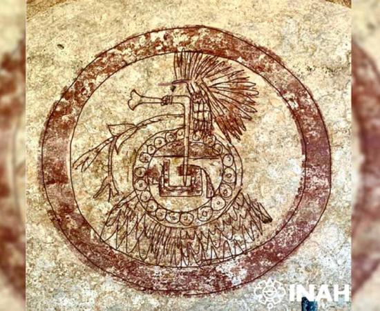 Hand-drawn illustration superimposed over a photo of the pre-Hispanic painting. Source: Frida Mateos / INAH