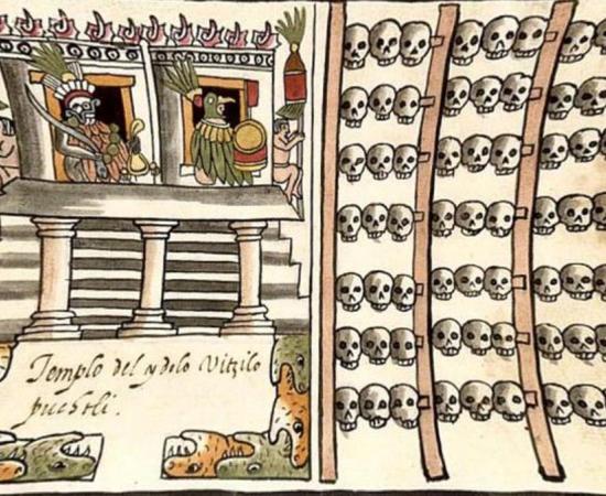 Illustration showing an Aztec skull rack.