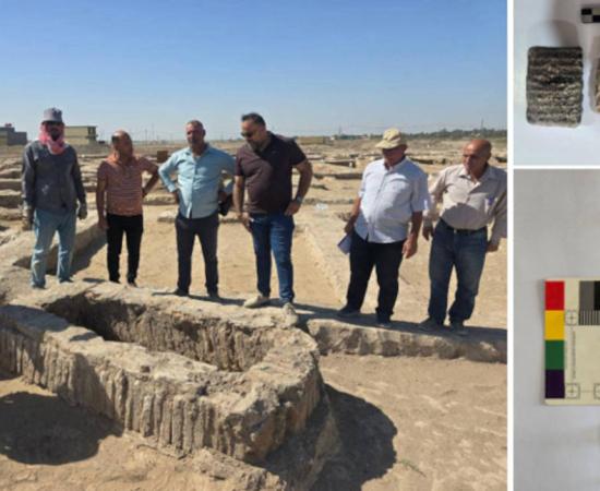 Left; Officials examine a trough-like feature at the site. Right; Seals and cuneiform tablets. 