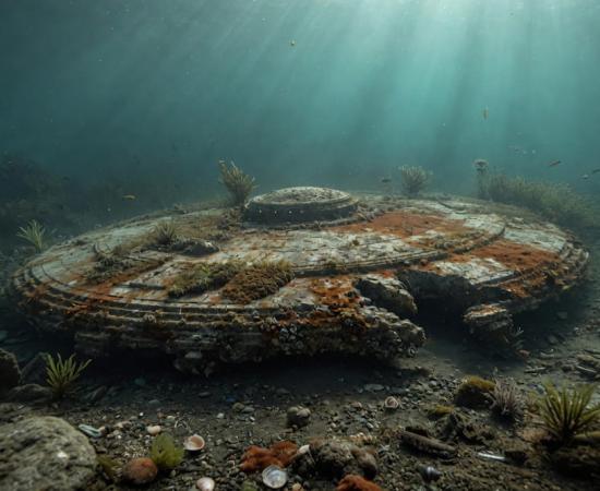 This photorealistic illustration depicts the mysterious circular object on the Baltic Sea floor, heavily encrusted and eroded as if it has rested there for millions of years. The image is an artistic rendering based on descriptions and scans from the Ocean X expedition.