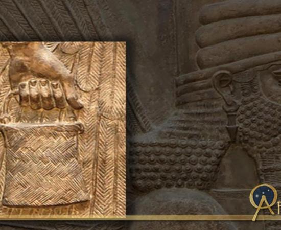 Inset; Bucket/ banduddû from the north wall of the Palace of king Sargon II, and a four-winged genie in the Bucket and cone motif. 