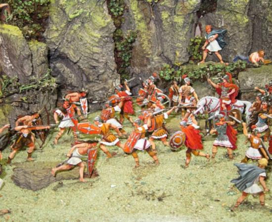 Part of exhibit at the Plassenburg Zinnfiguren Museum in Kulmbach, Germany, depicting warfare between Romans and Barbarians with hand-painted tin soldiers. 