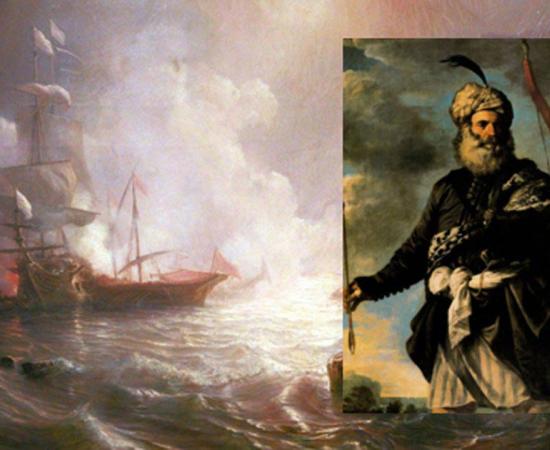 Main: Battle of a French ship of the line and two galleys of the Barbary/Ottoman corsairs. Inset: An Ottoman pirate.