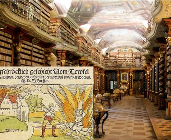 Baroque library hall in the National Library of the Czech Republic in Prague. A collection of 13,000 occult and witchcraft books that were once part of Himmler’s “witch library” were found in the library.