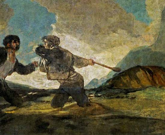 Fight with Cudgels by Francisco de Goya, circa 1820, resembles a bataireacht brawl   Source: Public Domain