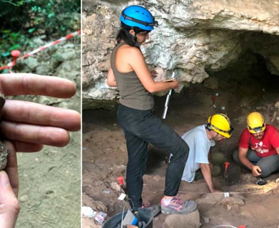 Left; Female figurine found at Battifratta Cave. Right; archaeologists investigating at the cave. Source: Sapienza University of Rome